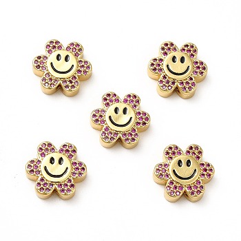 Rack Plating Brass Cubic Zirconia Beads, with Enamel, Real 18K Gold Plated, Long-Lasting Plated, Cadmium Free & Lead Free, Flower with Smiling Face, Camellia, 13x14x5mm, Hole: 1.5mm