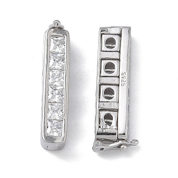 925 Sterling Silver Cubic Zirconia Twister Clasps, Rectangle, Real Platinum Plated, 20x4x6.5~7mm