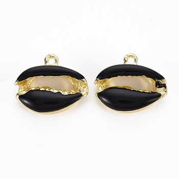 Rack Plating Alloy Pendants, with Enamel, Cadmium Free & Lead Free, Cowrie Shell, Light Gold, Black, 16.5x19x5.5mm, Hole: 1.6mm