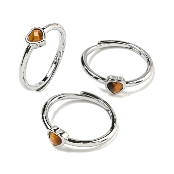 Heart Natural Tiger Eye Adjustable Rings, Brass Ring for Women, Long-Lasting Plated, Lead Free & Cadmium Free, Platinum, Inner Diameter: 18mm