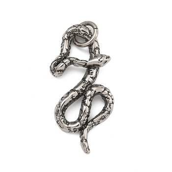 316 Surgical Stainless Steel Pendants, with Jump Ring, Snake Charm, Antique Silver, 49x22.5x4.5mm, Hole: 7.5mm