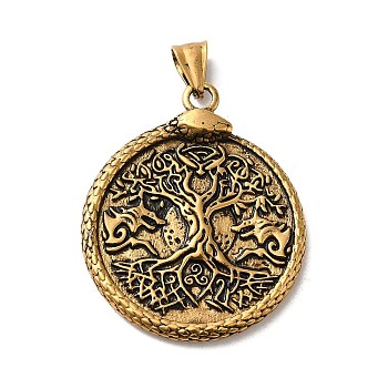 304 Stainless Steel Big Pendants, Flat Round with Tree of Life & Snake Charm , Antique Golden, 56x38.5x4mm, Hole: 9x5mm