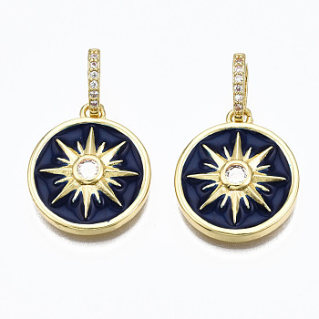 Brass Micro Pave Clear Cubic Zirconia Pendants,  Prussian Blue Enamel, Nickel Free, Flat Round with Star, Real 16K Gold Plated, 19x16x3.5mm, Hole: 3mm