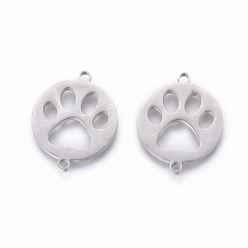 201 Stainless Steel Pet Links, Manual Polishing, Flat Round with Dog Footprint, Stainless Steel Color, 20x16x1.5mm, Hole: 1.5mm