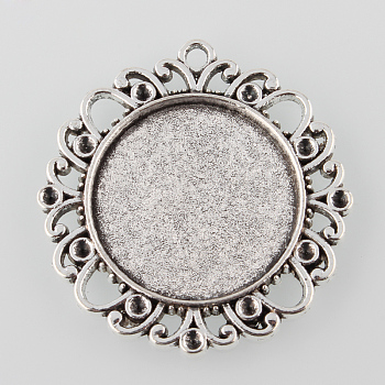 Tibetan Style Alloy Flower Pendant Cabochon Settings, Cadmium Free & Lead Free, Antique Silver, Tray: 25mm, Fit for 2mm Rhinestone, 41x38x3mm, Hole: 2mm
