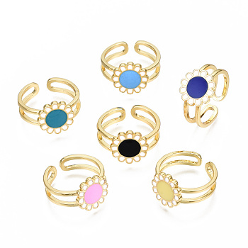 Brass Enamel Cuff Rings, Open Rings, Cadmium Free & Nickel Free & Lead Free, Flower, Real 16K Gold Plated, Mixed Color, US Size 6 3/4(17.1mm)