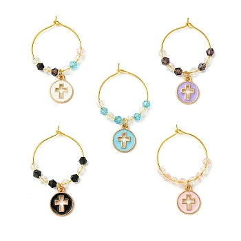 Flat Round with Cross Alloy Enamel Wine Glass Charms, with Glass Beads and Brass Wine Glass Charm Rings, Mixed Color, 46.5mm