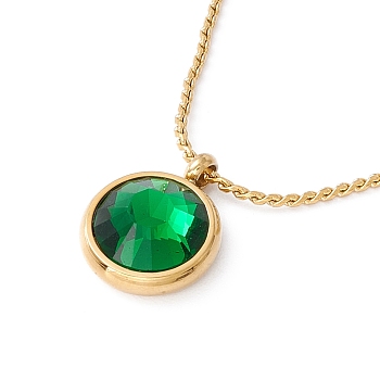 Fern Green Rhinestone Flat Round Pendant Necklace, Ion Plating(IP) 304 Stainless Steel Jewelry for Women, Golden, 16.30 inch(41.4cm)