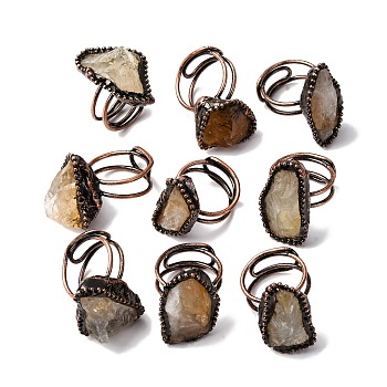 Irregular Oval Natural Citrine Adjustable Rings, Red Copper Tin Finger Ring, Cadmium Free & Lead Free, Inner Diameter: 18~19mm