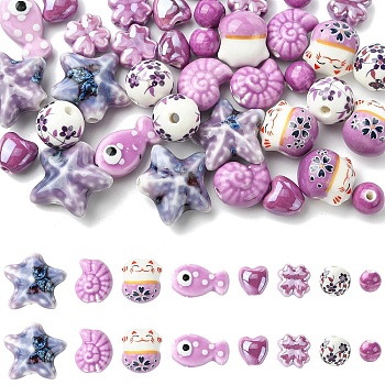 40Pcs 8 Styles Handmade Porcelain Beads, Bright Glazed Porcelain, Mixed Color, 8~20.5x8~22x5.5~12mm, Hole: 1.5~2.5mm, 5pcs/style