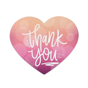 Coated Paper Thank You Greeting Card, Heart with Word Thank You Pattern, for Thanksgiving Day, Hot Pink, 60x70x0.3mm, Hole: 4mm, 30pcs/bag