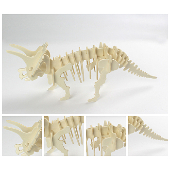 Wood Assembly Animal Toys for Boys and Girls, 3D Puzzle Model for Kids, Triceratops, Linen, Finished: 310x75x115mm