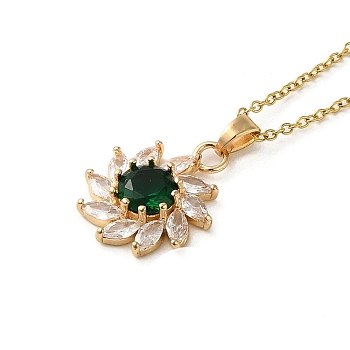 Brass Micro Pave Cubic Zirconia Flower Pendant Necklaces for Women, 201 Stainless Steel Cable Chain Necklaces, Dark Green, 15.94 inch(40.5cm)