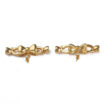 Brass Fold Over Clasps, for Half Drilled Bead, Nickel Free, Bowknot, Real 18K Gold Plated, 34mm