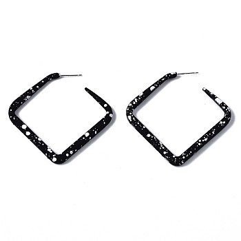Spray Painted CCB Plastic Stud Earrings, Half Hoop Earrings, Rhombus, Silver, Black, 54.5x4.5mm, Pin: 0.7mm
