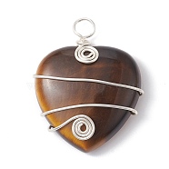 Natural Tiger Eye Copper Wire Wrapped Pendants, Heart Charms, Long-Lasting Plated, Silver Color Plated, 37.5~39.5x31~32x9.5mm, Hole: 4mm(PALLOY-JF02148-04)