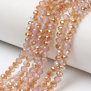 Electroplate Glass Beads Strands, Imitation Jade Beads, Half Plated, Rainbow Plated, Faceted, Rondelle, PeachPuff, 8x6mm, Hole: 1mm, about 65~68pcs/strand, 15.7~16.1 inch(40~41cm)(EGLA-A034-J8mm-J03)