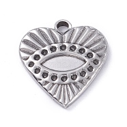 304 Stainless Steel Pendant Rhinestone Cabochons, Heart with Eye, Stainless Steel Color, 17x16x2.5mm, Hole: 2mm, Fit for 1mm and 7x2.6mm Rhinestone(STAS-P288-12P)