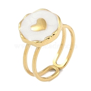 Ion Plating(IP) 304 Stainless Steel Enamel Flat Round with Heart Cuff Finger Rings, Open Rings for Women, Real 18K Gold Plated, Adjustable(RJEW-L107-073G-01)