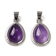 Natural Amethyst Pendants, Teardrop Charms with Rack Plating Brass Findings, Cadmium Free & Lead Free, 23x14.5x6mm, Hole: 4x6mm(G-M405-05P-01)