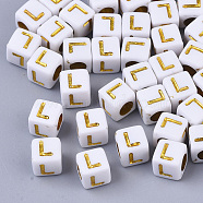 Plating Acrylic Beads, Horizontal Hole, Golden Metal Enlaced, Alphabet Style, Cube, Letter.L, 5.5~6x5.5~6x5.5~6mm, Hole: 3.5mm, about 3000pcs/500g(SACR-S297-09L)