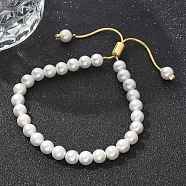 Shell Pearl Beaded Slider Bracelet with Brass Snake Chain, Lead Free & Cadmium Free, Real 18K Gold Plated, Beads: 6mm, Inner Diameter: 1-3/4~2-5/8 inch(4.35~6.65cm)(X-BJEW-B066-01B-01)