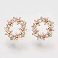 Brass Micro Pave Clear Cubic Zirconia Stud Earring Findings, with Enamel and Loop, Nickel Free, Flower, Real 18K Gold Plated, 14.5x14mm, Hole: 1mm, Pin: 0.7mm(X-KK-T054-38G-NF)