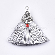 Polyester Tassel Pendant Decorations, with Alloy Findings and Enamel, Fan Shape, Antique Silver, Light Grey, 45~50x40~44x7~10mm, Hole: 2.5mm(FIND-T036-01D)