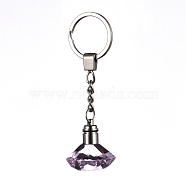 Diamond Shape Faceted Glass Keychain, with Platinum Plated Iron Split Key Rings, Pearl Pink, 96mm, Pendants: 30.5x30mm(KEYC-F032-A05)