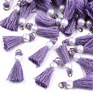 Polycotton(Polyester Cotton) Tassel Pendant Decorations, Mini Tassel, with Golden Tone Iron Findings and ABS Plastic Imitation Pearl, Dark Orchid, 23mm, Jump ring: 5x0.8mm, 3.4mm inner diameter(FIND-T052-13H)