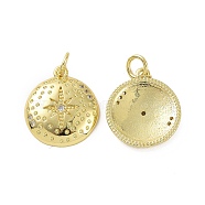 Brass Micro Pave Cubic Zirconia Pendants, Real 18K Gold Plated, with Jump Ring, Flat Round with Star Charms, Clear, 17x15x2.5mm, Jump Ring: 5x0.8mm, Inner Diameter: 3.2mm(KK-E068-VF047)
