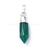 Natural Green Onyx Agate Pendants, Faceted Cone Charms with Rack Plating Platinum Plated Brass Snap on Bails, Cadmium Free & Lead Free, 21x6mm, Hole: 3.5x6mm(G-NH0001-02P-02)