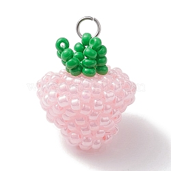 Seed Glass Pendant, with 304 Stainless Steel Jump Ring, Strawberry, Pink, 19x16x15mm, Hole: 2.8mm(PALLOY-MZ00240)