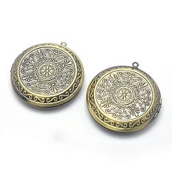 Brass Locket Pendants, Photo Frame Charms for Necklaces, Cadmium Free & Nickel Free & Lead Free, Flat Round with Flower, Brushed Antique Bronze, 48x44x10mm, Hole: 2mm, Inner Size: 29mm(KK-F717-21AB-NR)