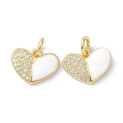 Eco-Friendly Brass Micro Pave Clear Cubic Zirconia Enamel Pendant, with Jump Rings, Long-Lasting Plated, Heart, Real 18K Gold Plated, White, 10x12x2mm, Hole: 3.4mm(ZIRC-C021-45G-05)