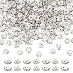 500Pcs Iron Rhinestone Spacer Beads, Grade B, Flat Round, Straight Edge, Silver, 6x3mm, Hole: 1.5mm(RB-UN0001-12)