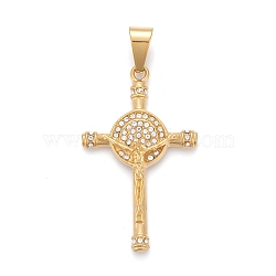 Easter 304 Stainless Steel Big Pendants, with Crystal Rhinestone, Crucifix Cross, Golden, 54.5x33.5x6.5mm, Hole: 6.5x12mm(STAS-I163-014G)