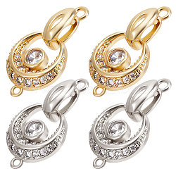 6 Sets 2 Colors Rack Plating Brass Pave Clear Cubic Zirconia Fold Over Clasps, Cadmium Free & Lead Free, Flat Round, Real Gold Plated & Real Platinum Plated, 27x14.5x5mm, Flat Round: 16.5x14x3mm, Hole: 1.5mm, Clasp: 13x4.5x5mm, Hole: 1.8mm, Inner Diameter: 5x3mm, 3 sets/color(KK-BBC0005-64)