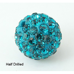 Polymer Clay Rhinestone Beads, Pave Disco Ball Beads, Grade A, Round, Half Drilled, Blue Zircon, 10mm, Hole: 1mm(RB-H258-HD10mm-229)