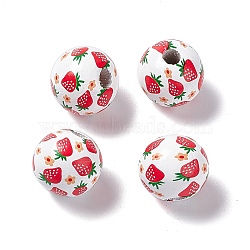 Fruit Printed Wood European Beads, Large Hole Bead, Round, Red, Strawberry Pattern, 16x14.5mm, Hole: 4.2mm(WOOD-G013-01B)