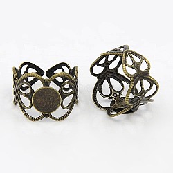 Adjustable Brass Ring Shanks, Filigree Ring Base Findings, Round, Antique Bronze, Tray: 8mm, 17mm(KK-H069-AB)