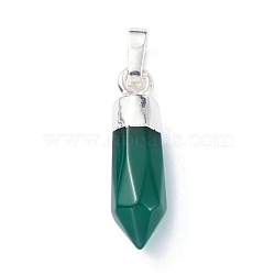 Natural Green Onyx Agate Pendants, Faceted Cone Charms with Rack Plating Platinum Plated Brass Snap on Bails, Cadmium Free & Lead Free, 21x6mm, Hole: 3.5x6mm(G-NH0001-02P-02)