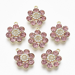 Golden Plated Alloy Pendants, with Glass Rhinestone, Flower, Light Coral, 19x16x5mm, Hole: 1.2~1.5mm(X-PALLOY-N154-02D)