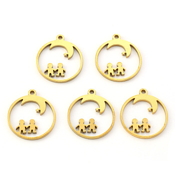 Vacuum Plating 304 Stainless Steel Pendants, Laser Cut, Round Ring with Moon and Human, Golden, 17x15x1mm, Hole: 1mm