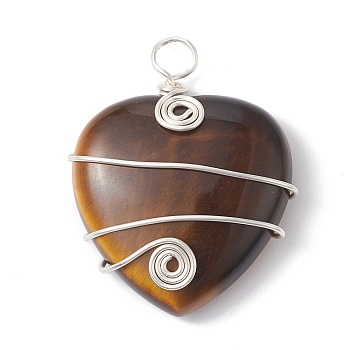 Natural Tiger Eye Copper Wire Wrapped Pendants, Heart Charms, Long-Lasting Plated, Silver Color Plated, 37.5~39.5x31~32x9.5mm, Hole: 4mm