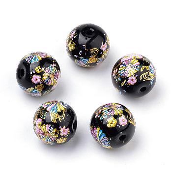 Printed Glass Beads, Round with Flower Pattern, Black, 11~12x11mm, Hole: 1.5mm