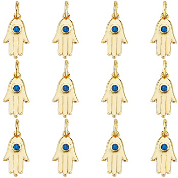 14Pcs Brass Micro Pave Cubic Zirconia Charms, with Jump Ring, Long-Lasting Plated, Hamsa Hand, Real 18K Gold Plated, 14x8x2mm, Hole: 3mm