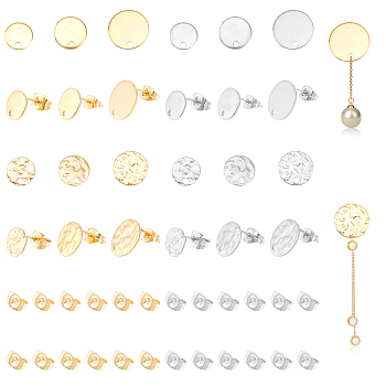 24Pcs 12 Style 304 & 201 Stainless Steel Stud Earring Findings, with 304 Stainless Steel Pins and Earring Backs, Flat Round, Golden & Stainless Steel Color, 8~12mm, Hole: 1~1.6mm, Pin: 0.8mm, 2Pcs/style