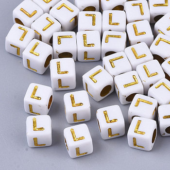 Plating Acrylic Beads, Horizontal Hole, Golden Metal Enlaced, Alphabet Style, Cube, Letter.L, 5.5~6x5.5~6x5.5~6mm, Hole: 3.5mm, about 3000pcs/500g