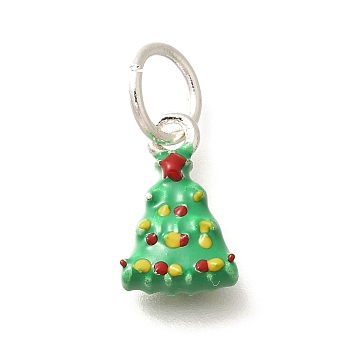 Christmas Theme Brass Enamel Charms, with Jump Ring, Rack Plating, Lead Free & Cadmium Free, Platinum, Christmas Tree, 13x8.5x4.5mm, Hole: 5.5mm